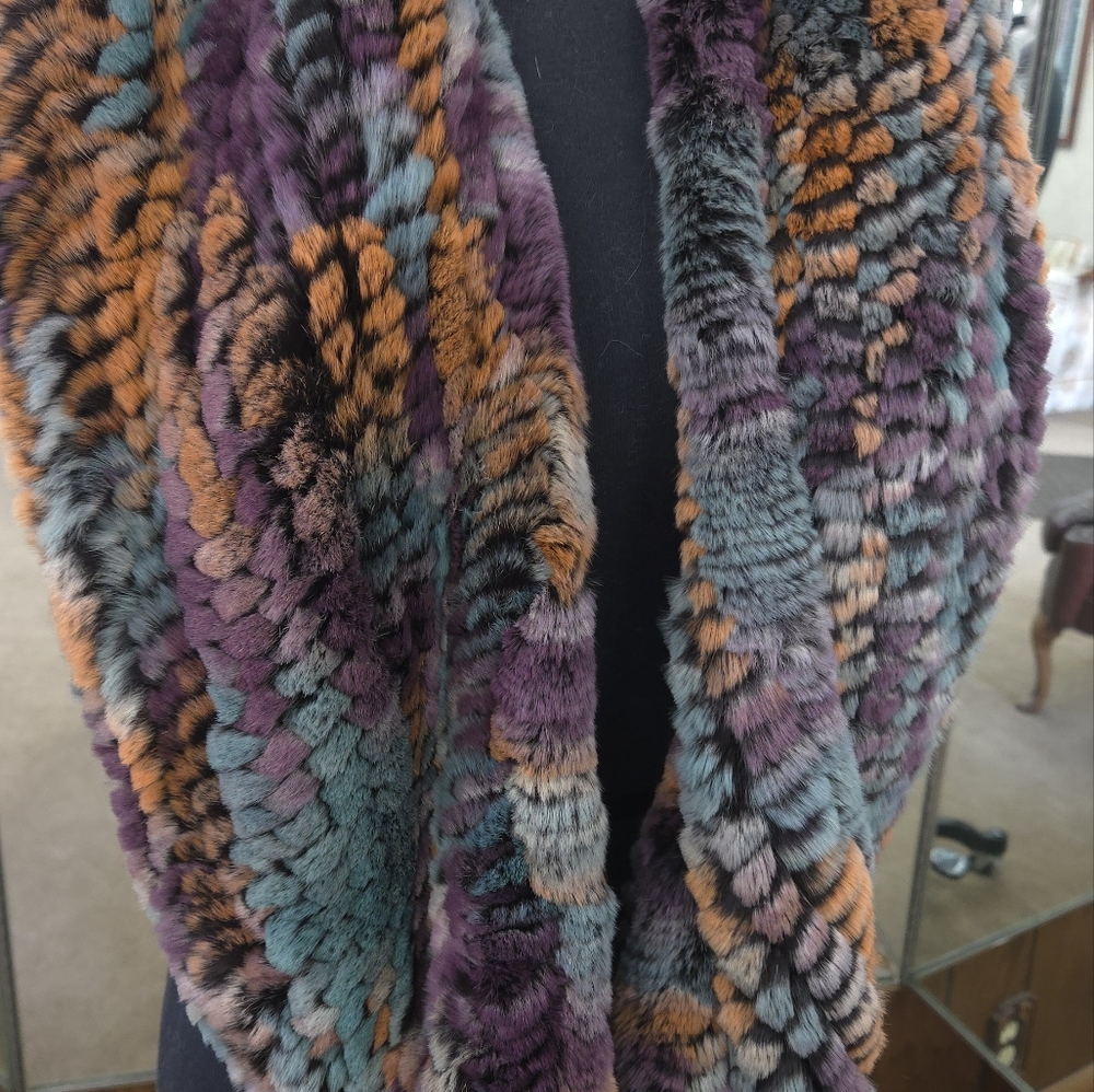 Multicolor Knit Rex Rabbit Fur Infinity Scarf - Picture 3 of 3